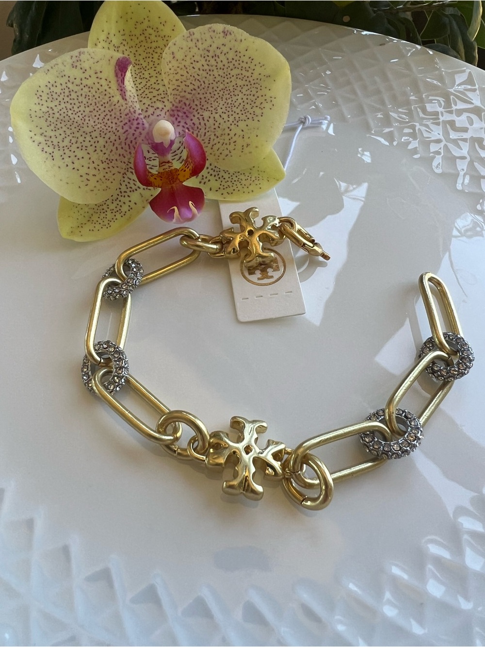 Tory Burch Gold Chain Bracelet with Crystal-Studded Links